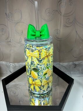 Lemon Bow Glitter Acrylic Tumbler with Green Bow Straw Lid